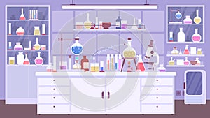 Flat chemical lab room interior with scientist equipment. Chemistry classroom or science laboratory with experiment on