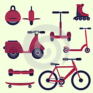 Flat cherry red fashion youth city transport set