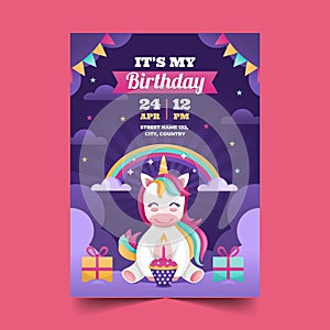 flat children birthday invitation with unicorn vector design