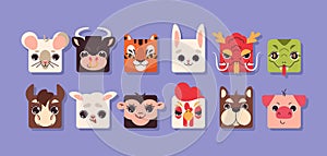 Flat chinese zodiac square animals faces set