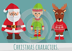 Flat Christmas characters: Santa, elf and reindeer. Vector set.