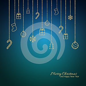 Flat Christmas greeting card with gold baubles. Blue background