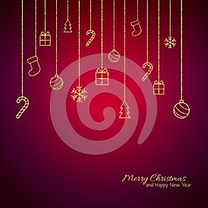 Flat Christmas greeting card with gold baubles. Red background