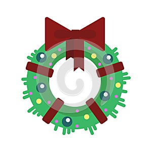 Flat Christmas wreath with balls and ribbon, isolated on white background - vector illustration. Happy New Year, xmas.