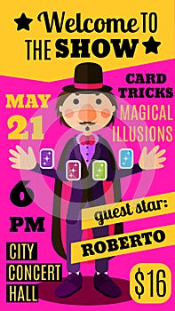 Flat circus background with magician doing card trick