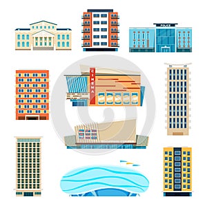 Flat city building, modern apartment buildings, residential houses. Town hall, cinema, police station, urban municipal