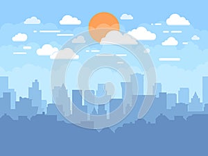 Flat cityscape with blue sky, white clouds and sun. Modern city skyline flat panoramic vector background