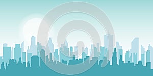 Flat cityscape. Vector illustration. Modern City Skyline, Daytime Panoramic Urban Landscape with Silhouette Buildings and Skyscrap