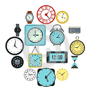 Time and Clock icons set, flat style