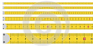 Flat closeup of yellow roulette tape set. Flat vector. Stock image. Vector illustration.