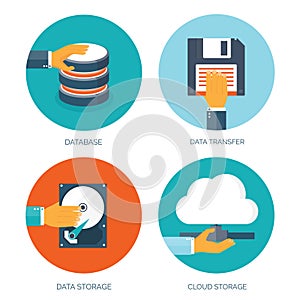 Flat cloud computing background. Data storage network technology. Multimedia content web sites hosting.