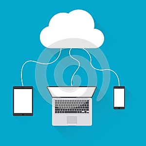 Flat cloud computing background. Data storage network technology. Multimedia content and web sites hosting.