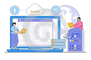 Flat cloud data storage, remote backup of files, data center and database concept