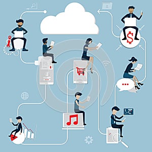 Flat of cloud technology,Many people sitting on the icon and using their laptop or smartphone for work - Vector photo