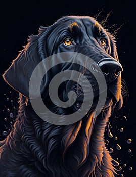 Flat Coated Retriever Dog black background Splash Art 1