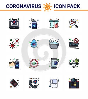 16 Flat Color Filled Line Coronavirus Covid19 Icon pack such as sample, lab, handcare, blood, tubes photo