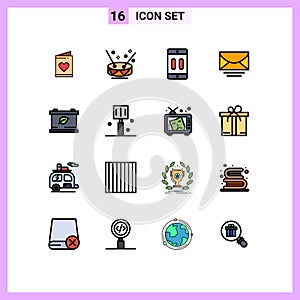 Flat Color Filled Line Pack of 16 Universal Symbols of battery, message, cellphone, email, pause