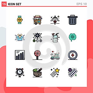 Flat Color Filled Line Pack of 16 Universal Symbols of data, anthropometry, thailand, recycling bin, ribbon