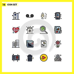 Flat Color Filled Line Pack of 16 Universal Symbols of heart, present, fishing, online, health care