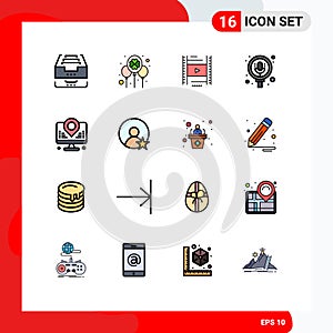 Flat Color Filled Line Pack of 16 Universal Symbols of pack, microphone, festival, search, filam