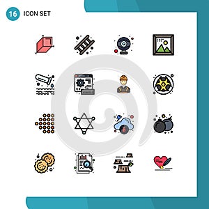 Flat Color Filled Line Pack of 16 Universal Symbols of pollution, programing, computer, picture, design