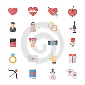 Flat Color Icons Design Set of Love Valentines and Wedding Icons.