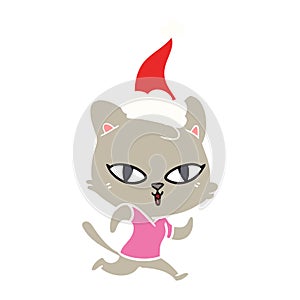 flat color illustration of a cat out for a run wearing santa hat