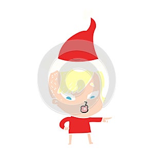 flat color illustration of a surprised girl pointing wearing santa hat