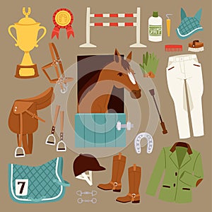 Flat color jockey icons set with equipment for horse riding isolated and horseshoe saddle sport race equestrian stallion