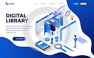 Flat color Modern Isometric Concept Illustration - Digital Library