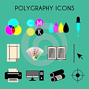 Flat color printing polygraphy icons set