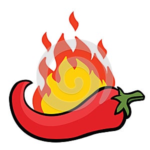 Flat color style cartoon flaming hot chili pepper