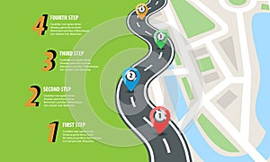 Flat color style Highway road infographic. Street roads map with colorful pins. Vector illustration.