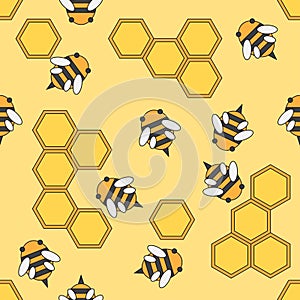 Flat color vector seamless beekeeping pattern. Fabric textile beekeeping pattern. Cute doodle pattern with bees and