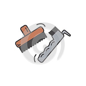 Flat colored icon of brush hoof pick tools for grooming horse. Vector illustration or logo for groom, horse riding