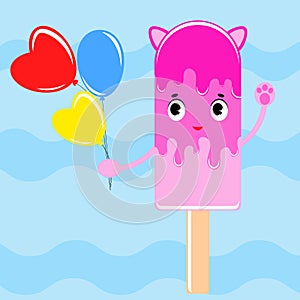 Flat colored isolated striped ice cream sprinkled with a pink glaze. On a wooden stick. With a bunch of bright water balloons in