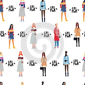 Flat colored seamless pattern with young women or girls dressed in trendy, fashionable clothes. Group of friends, feminists.