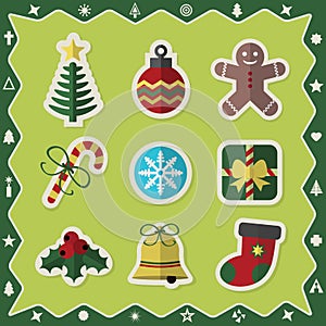 Flat colorful Christmas stickers icons set on green background