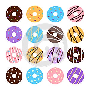 Flat colorful donuts set on white background.