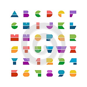 Flat colorful geometric shapes letters style font with numbers