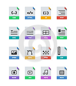 Flat colorful vector file format icons set on white