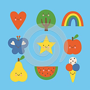 Flat colorful vector illustration set. Heart, tree, rainbow, butterfly, star, apple, pear, watermelon and ice cream