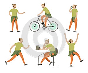 Flat colorful vector set of young man character poses and movements