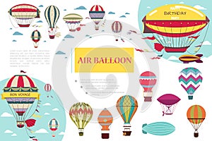Flat composition with airships dirigibles and air balloons of different colors and patterns