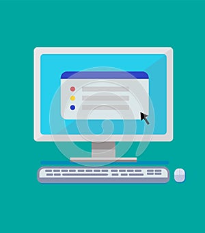 Flat computer design with keyboard, mouse and simple website