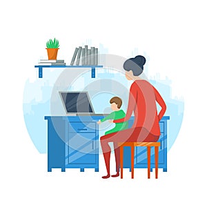 Flat concept art of working from home mother with a child in hands at the desk with laptop