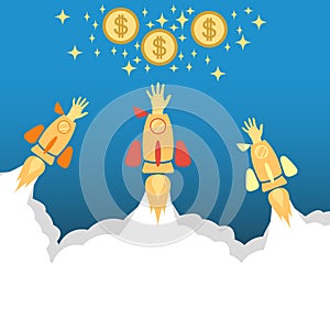 Flat concept background with rocket. Hand reaching for the coin. Startup business project. Vector.