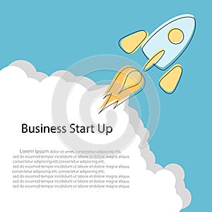 Flat concept background with rocket. Project launch-launch. The rocket flies through the sky, launching a new business. Vector.