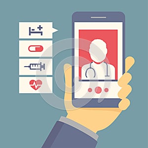 Flat concept of hand holding mobile phone with medical assistance, doctor consultation and featuring medical icons