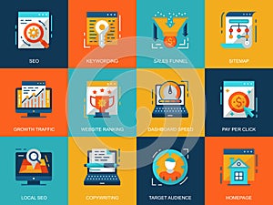 Flat conceptual seo optimization icons concepts set for website and mobile site and apps.